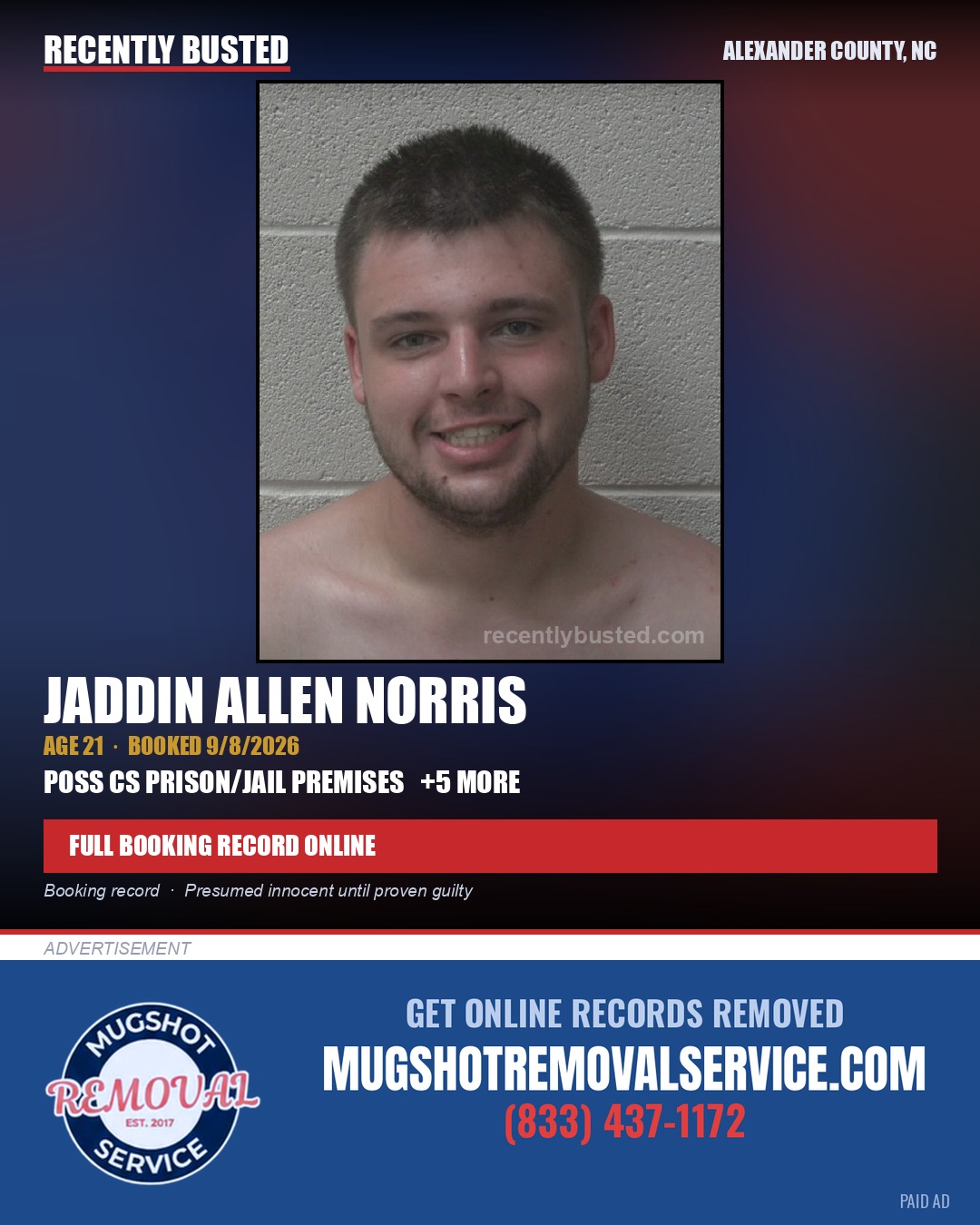 JADDIN ALLEN NORRIS — arrest record card, Alexander County, North Carolina