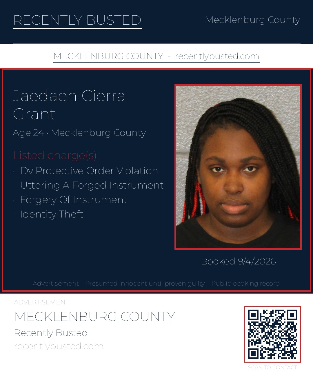 JAEDAEH CIERRA GRANT — arrest record card, Mecklenburg County, North Carolina
