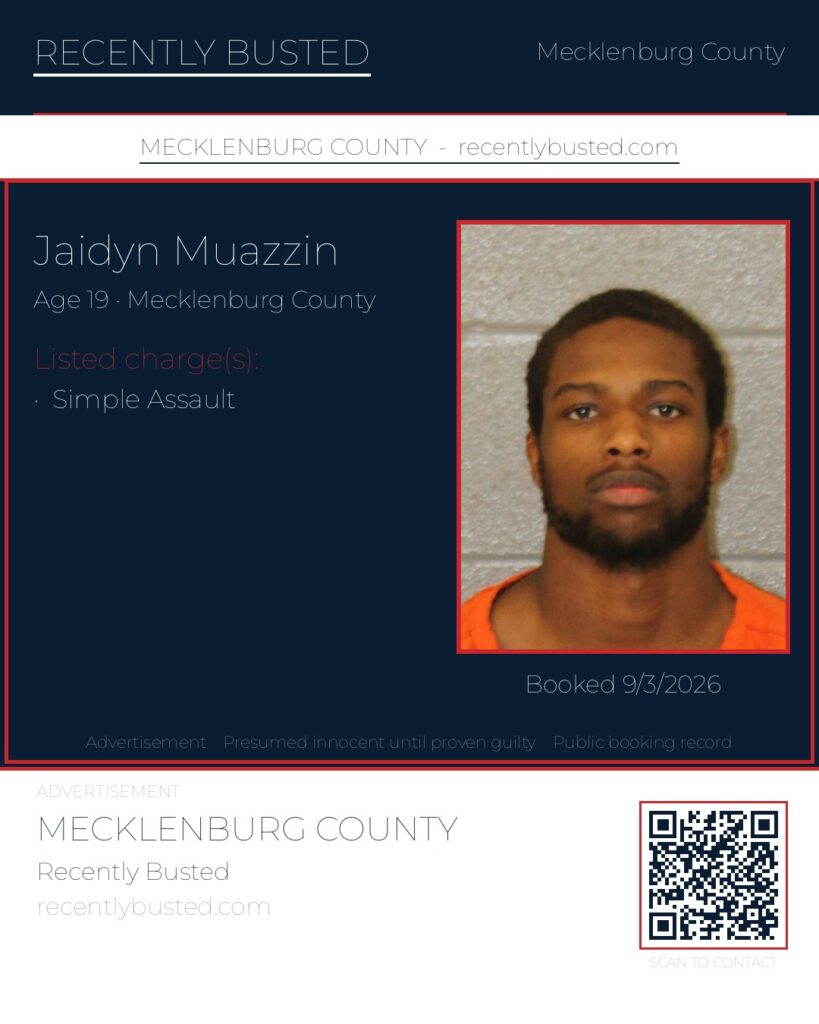 JAIDYN MUAZZIN — arrest record card, Mecklenburg County, North Carolina
