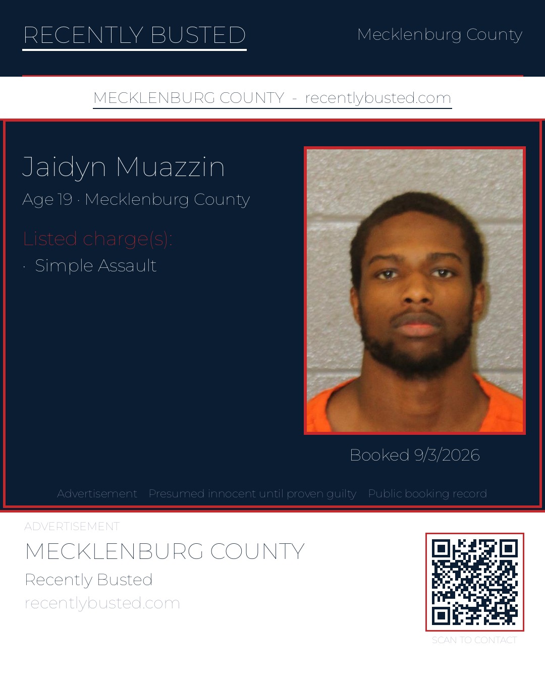 JAIDYN MUAZZIN — arrest record card, Mecklenburg County, North Carolina