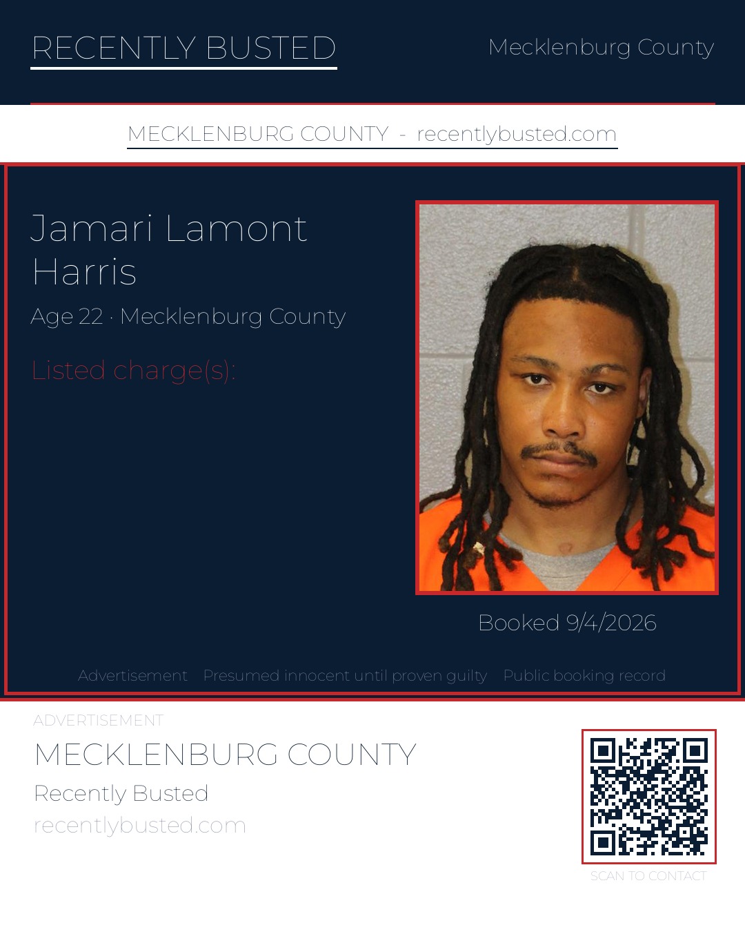 JAMARI LAMONT HARRIS — arrest record card, Mecklenburg County, North Carolina