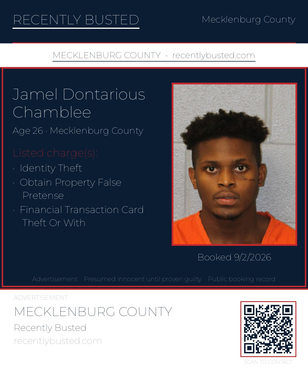 JAMEL DONTARIOUS CHAMBLEE — arrest record card, Mecklenburg County, North Carolina