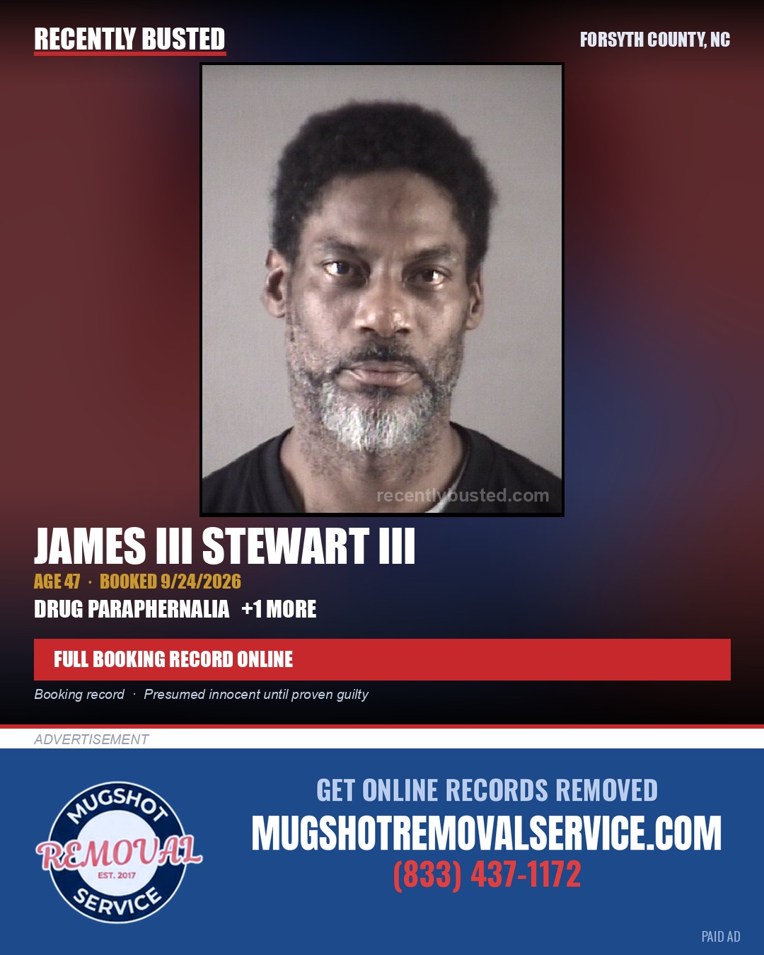 JAMES III STEWART III — arrest record card, Forsyth County, North Carolina