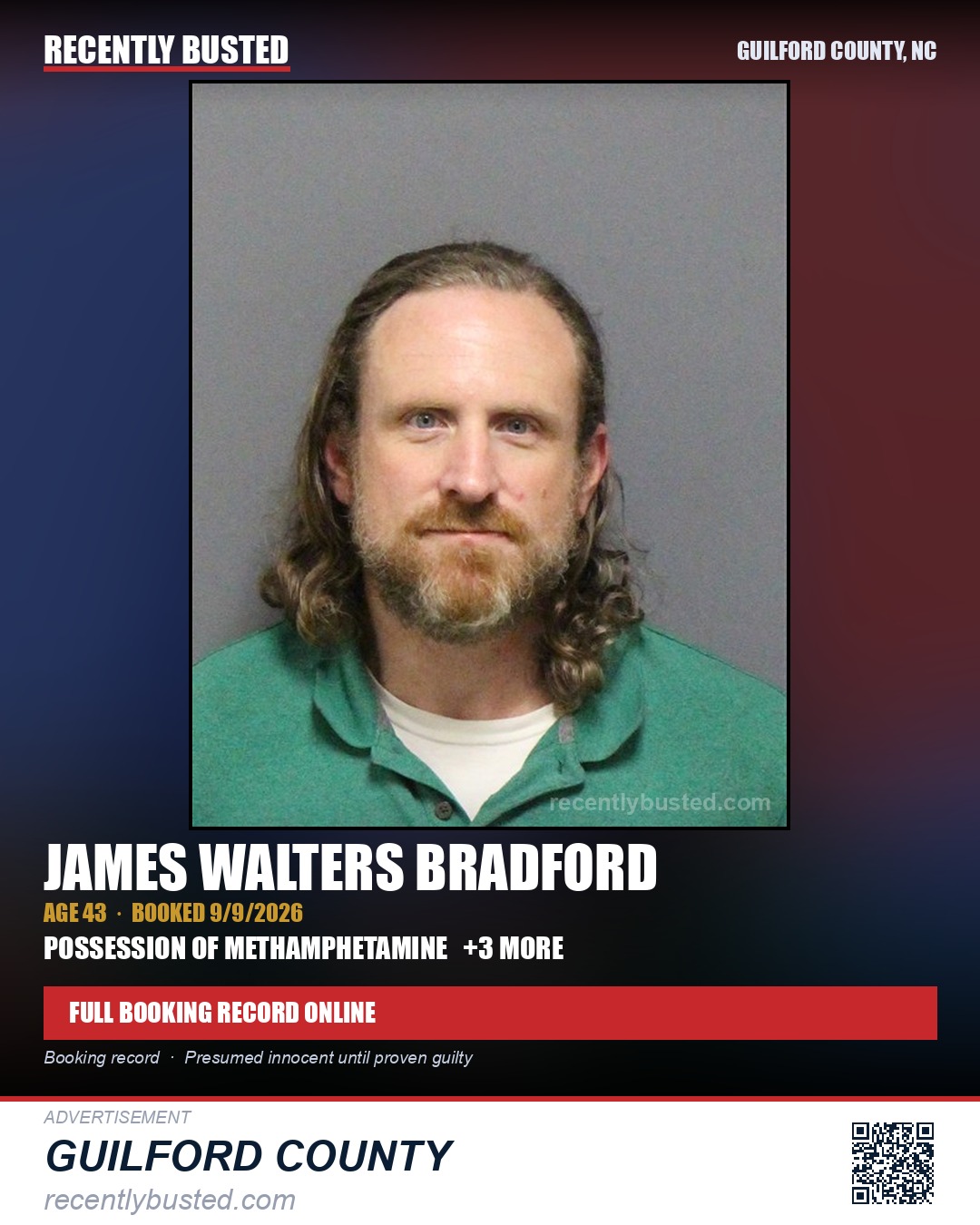 JAMES WALTERS BRADFORD — arrest record card, Guilford County, North Carolina