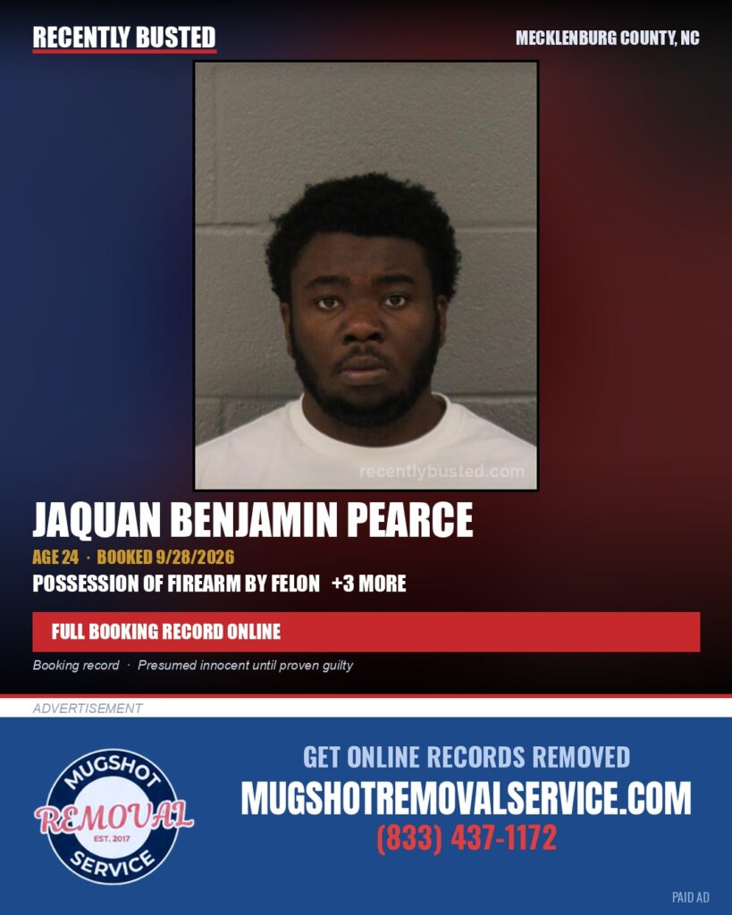 JAQUAN BENJAMIN PEARCE — arrest record card, Mecklenburg County, North Carolina