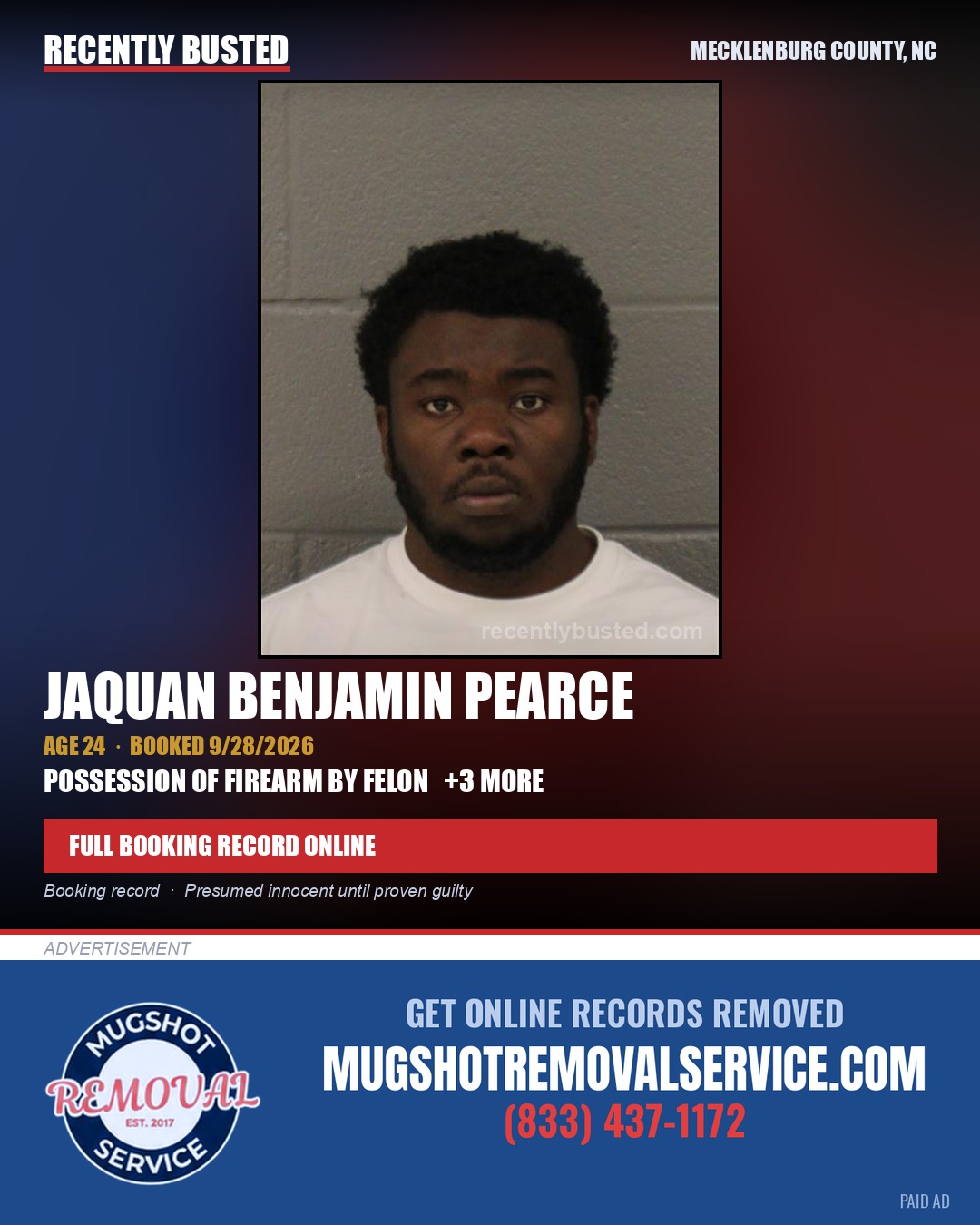 JAQUAN BENJAMIN PEARCE — arrest record card, Mecklenburg County, North Carolina