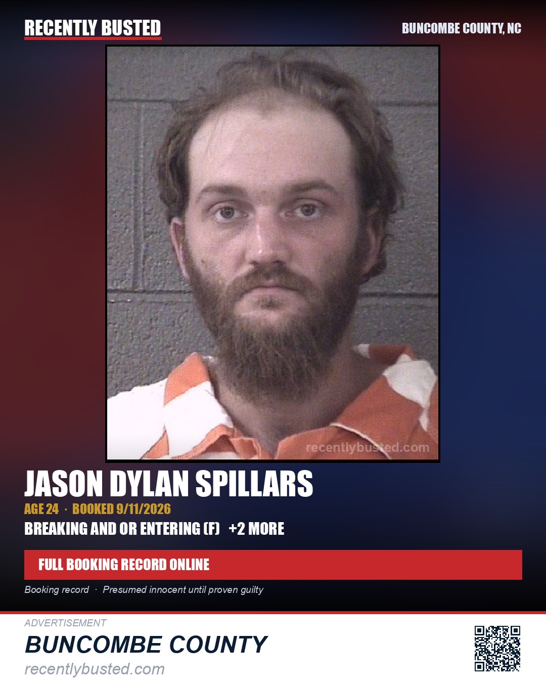 JASON DYLAN SPILLARS — arrest record card, Buncombe County, North Carolina