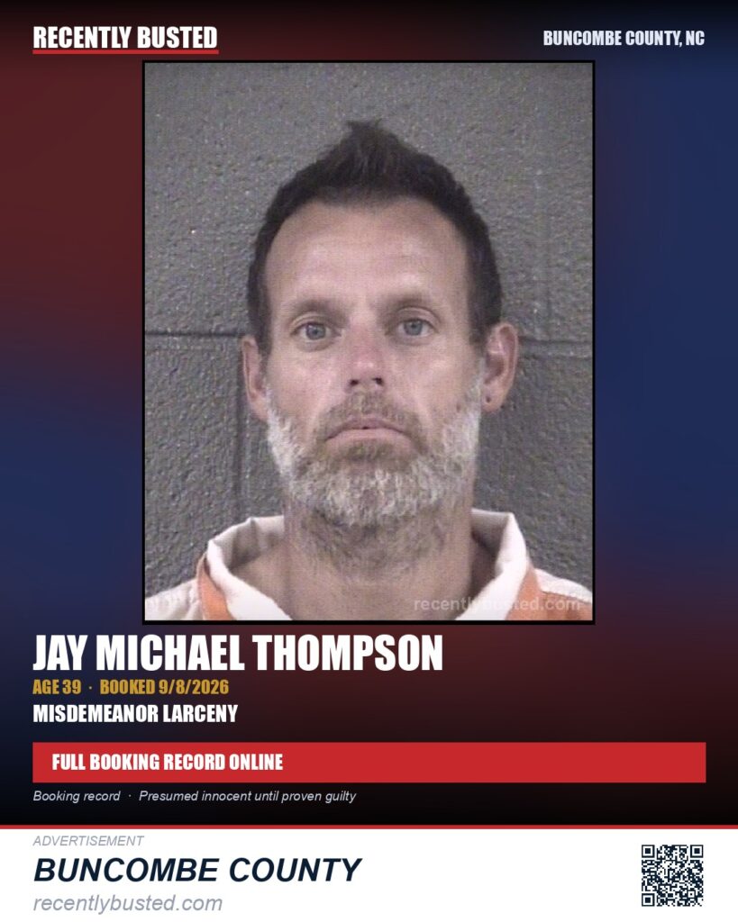 JAY MICHAEL THOMPSON — arrest record card, Buncombe County, North Carolina