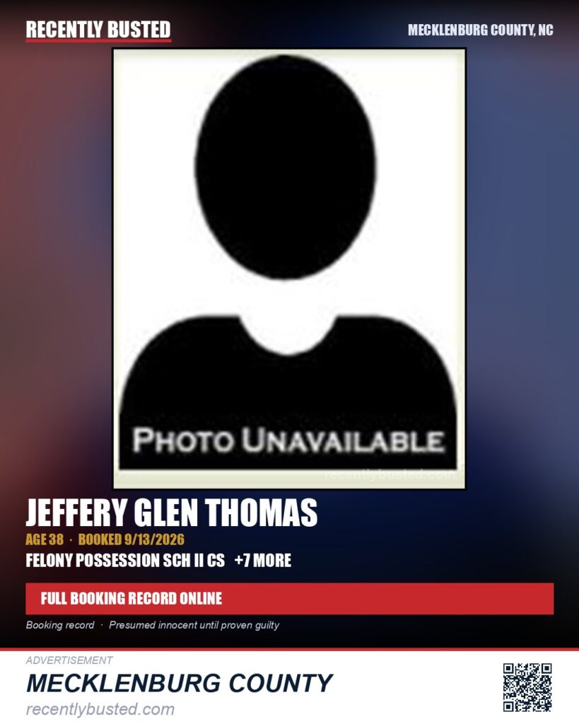 JEFFERY GLEN THOMAS — arrest record card, Mecklenburg County, North Carolina