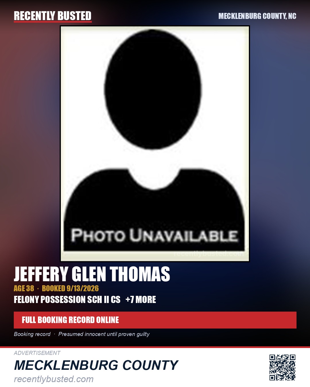 JEFFERY GLEN THOMAS — arrest record card, Mecklenburg County, North Carolina