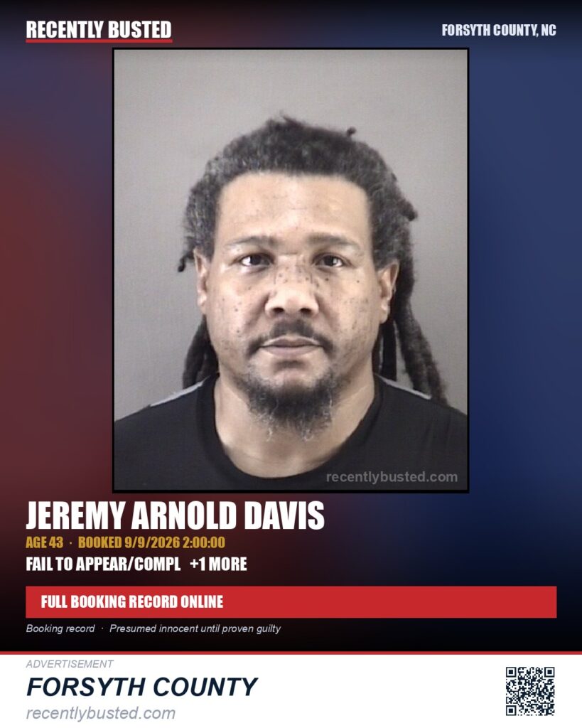 JEREMY ARNOLD DAVIS — arrest record card, Forsyth County, North Carolina