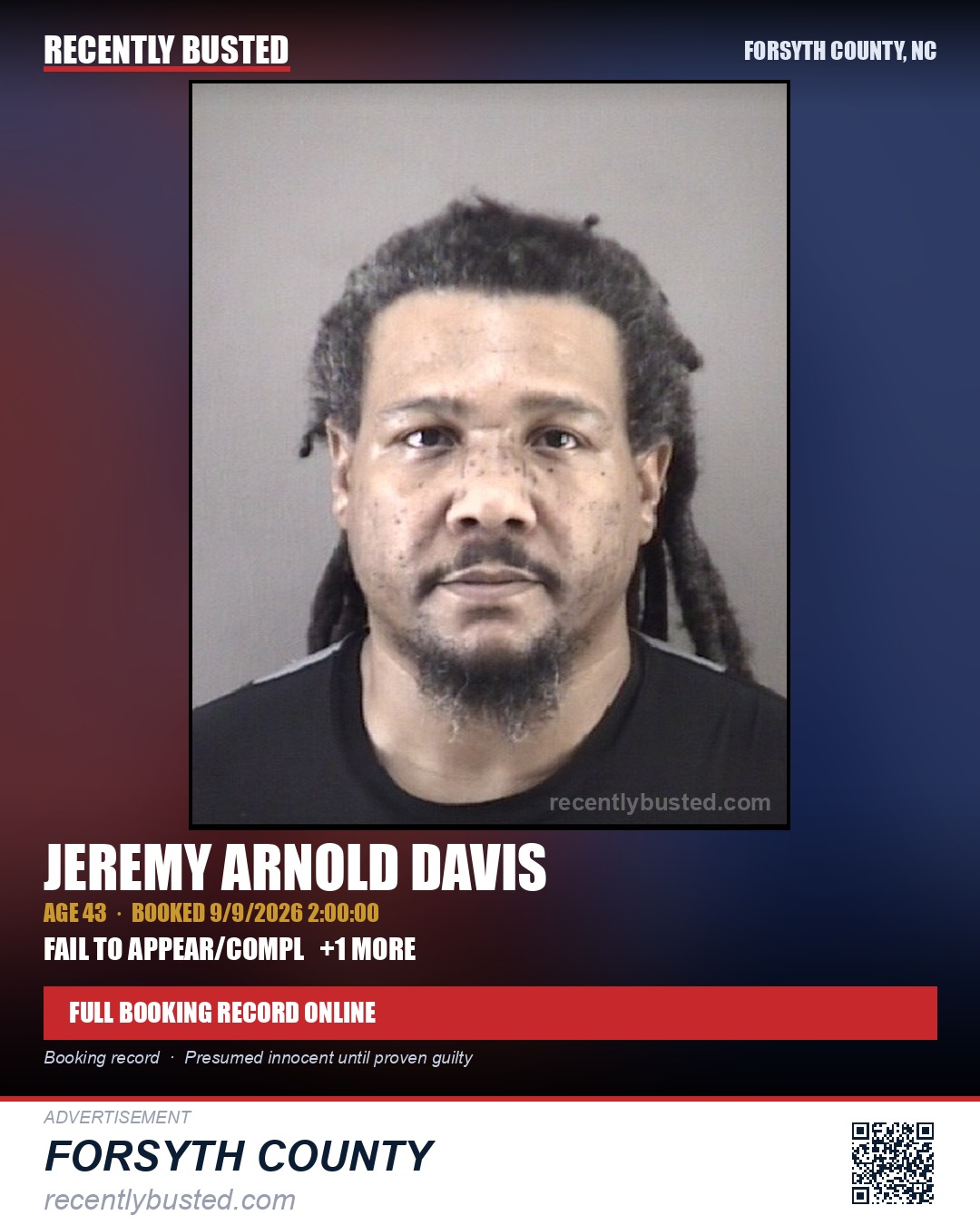 JEREMY ARNOLD DAVIS — arrest record card, Forsyth County, North Carolina