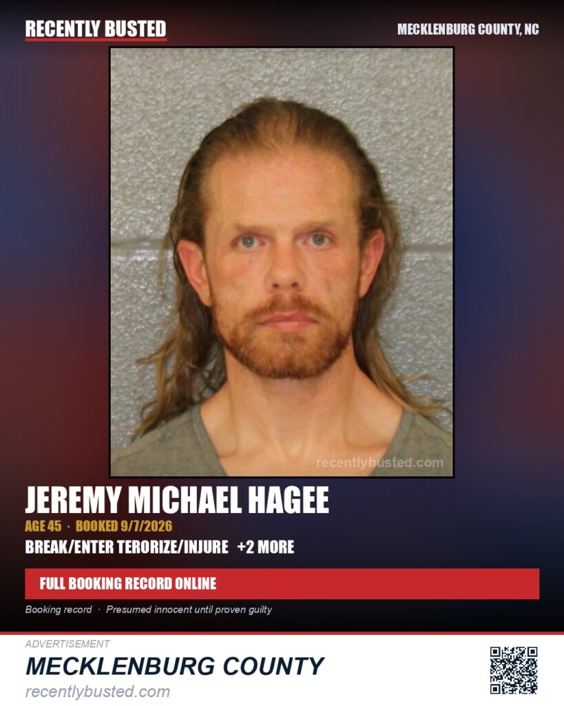 JEREMY MICHAEL HAGEE — arrest record card, Mecklenburg County, North Carolina
