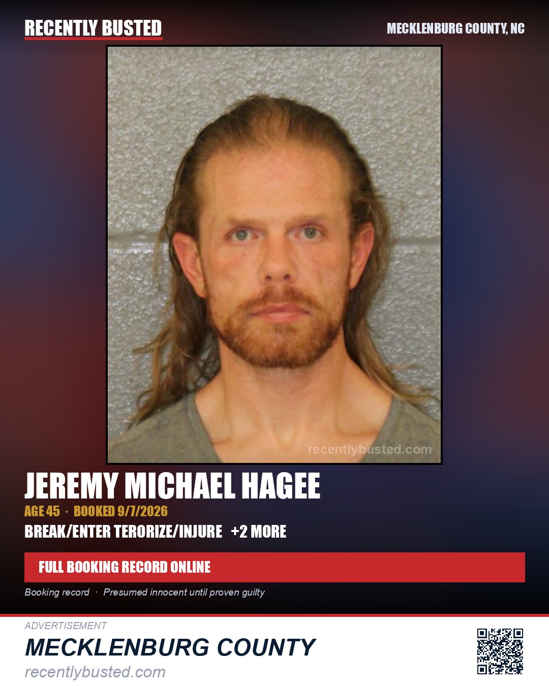 JEREMY MICHAEL HAGEE — arrest record card, Mecklenburg County, North Carolina