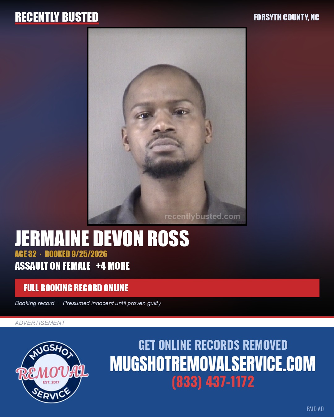 JERMAINE DEVON ROSS — arrest record card, Forsyth County, North Carolina
