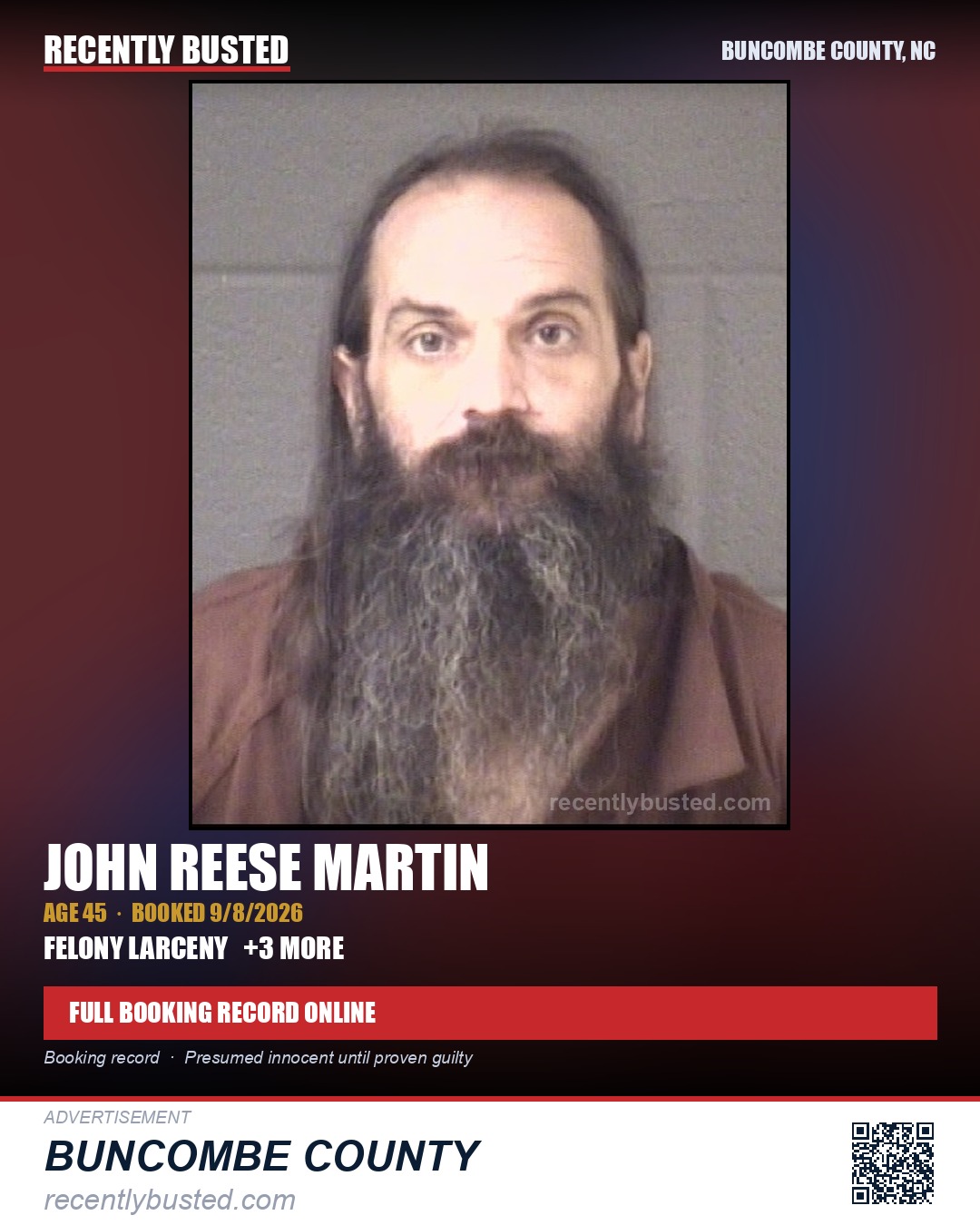 JOHN REESE MARTIN — arrest record card, Buncombe County, North Carolina