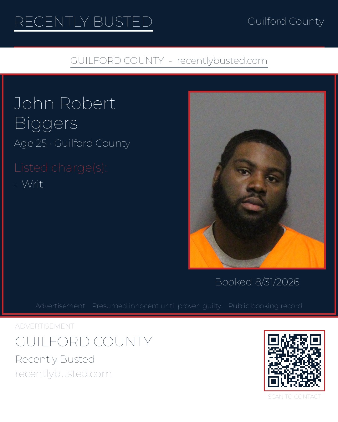 JOHN ROBERT BIGGERS — arrest record card, Guilford County, North Carolina