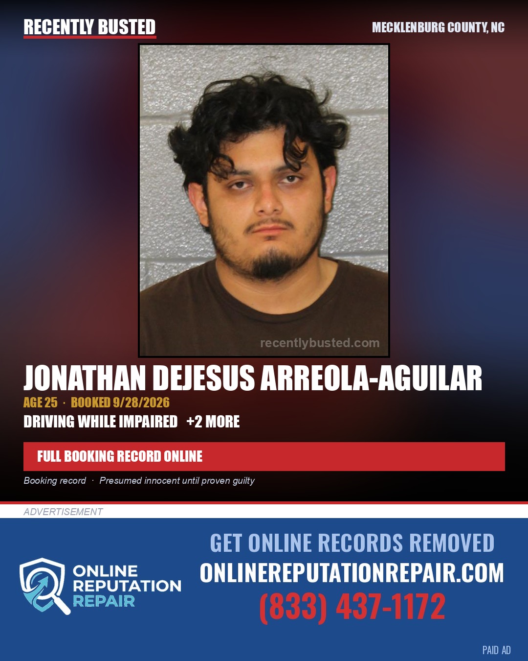 JONATHAN DEJESUS ARREOLA-AGUILAR — arrest record card, Mecklenburg County, North Carolina