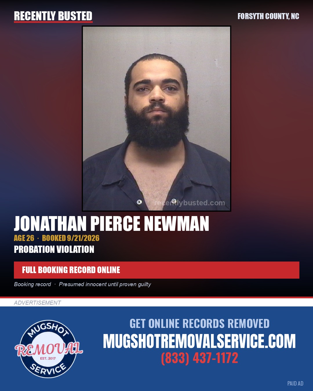 JONATHAN PIERCE NEWMAN — arrest record card, Forsyth County, North Carolina