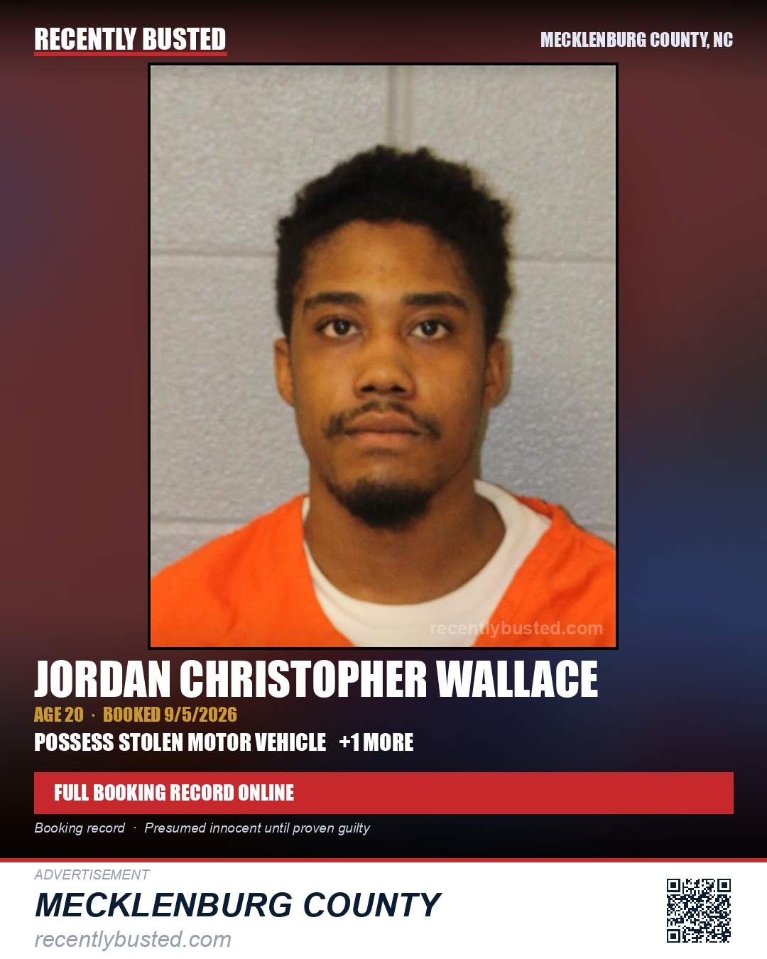 JORDAN CHRISTOPHER WALLACE — arrest record card, Mecklenburg County, North Carolina