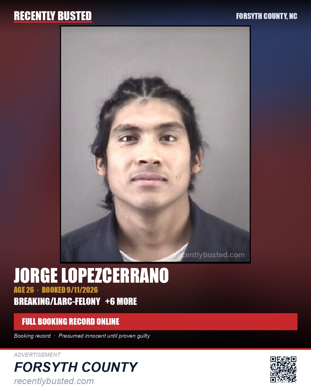 JORGE LOPEZCERRANO — arrest record card, Forsyth County, North Carolina