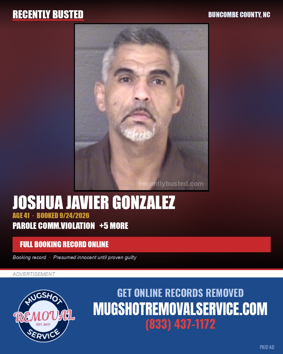 JOSHUA JAVIER GONZALEZ — arrest record card, Buncombe County, North Carolina