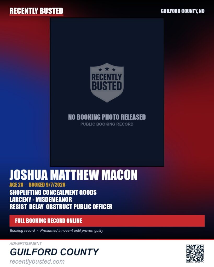 JOSHUA MATTHEW MACON — arrest record card, Guilford County, North Carolina