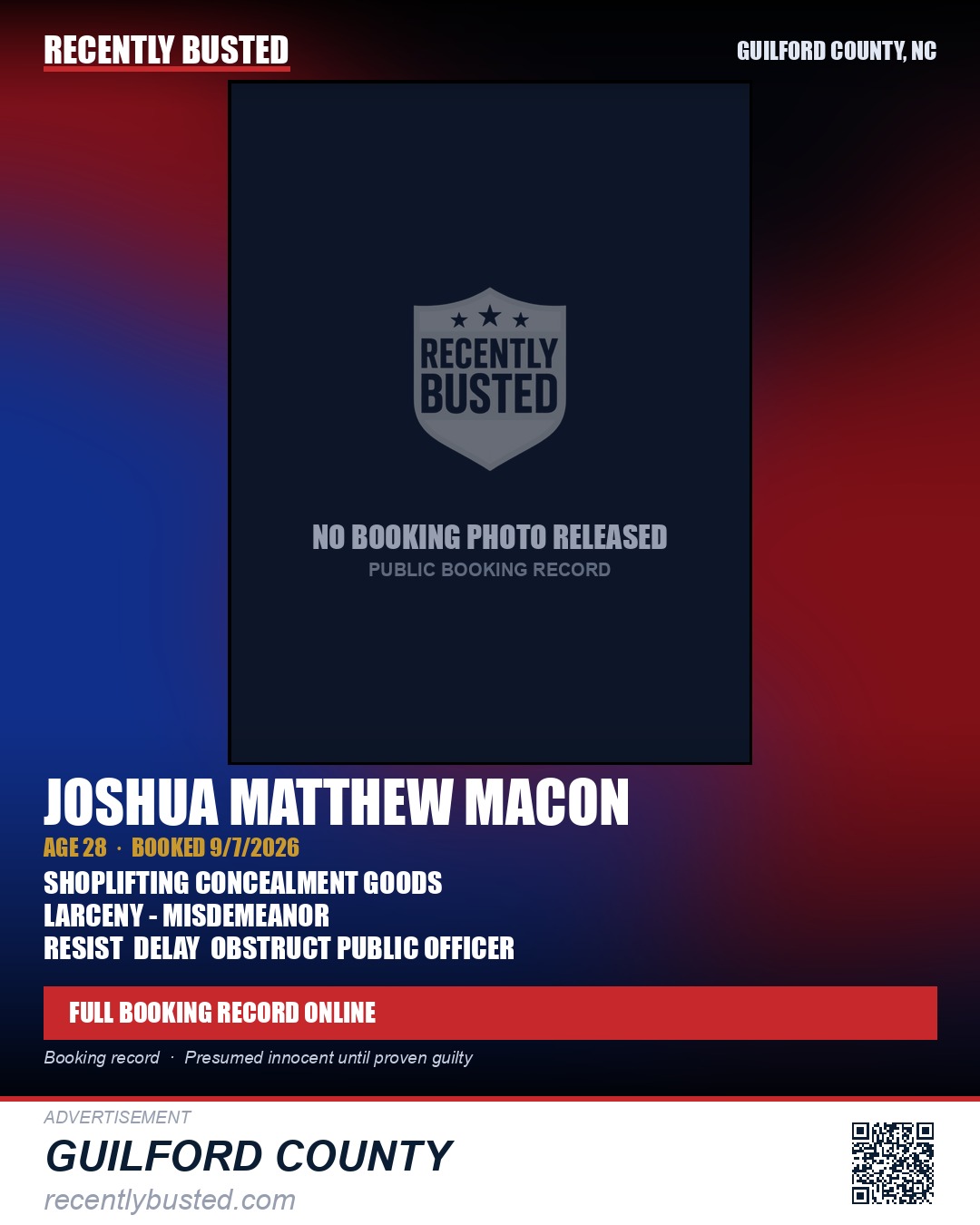 JOSHUA MATTHEW MACON — arrest record card, Guilford County, North Carolina