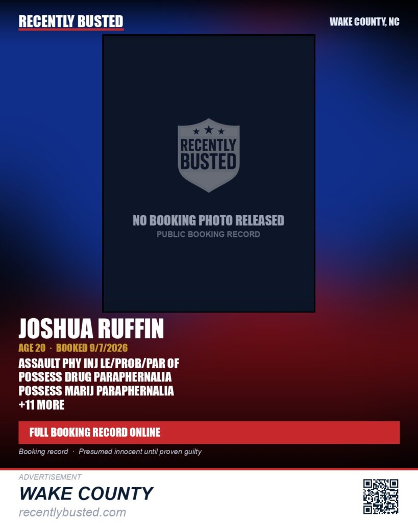 JOSHUA RUFFIN — arrest record card, Wake County, North Carolina