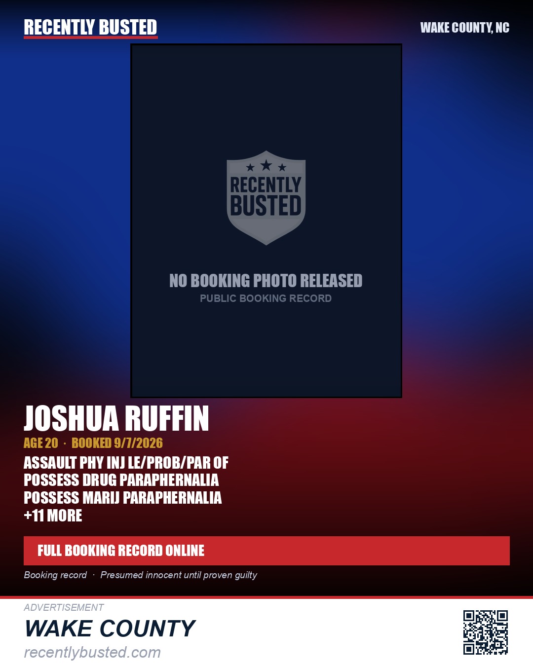 JOSHUA RUFFIN — arrest record card, Wake County, North Carolina