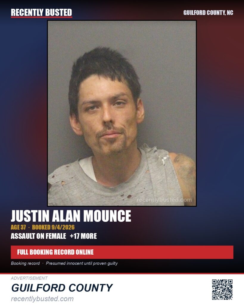 JUSTIN ALAN MOUNCE — arrest record card, Guilford County, North Carolina