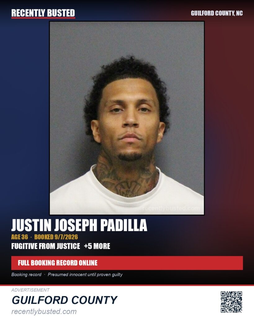 JUSTIN JOSEPH PADILLA — arrest record card, Guilford County, North Carolina
