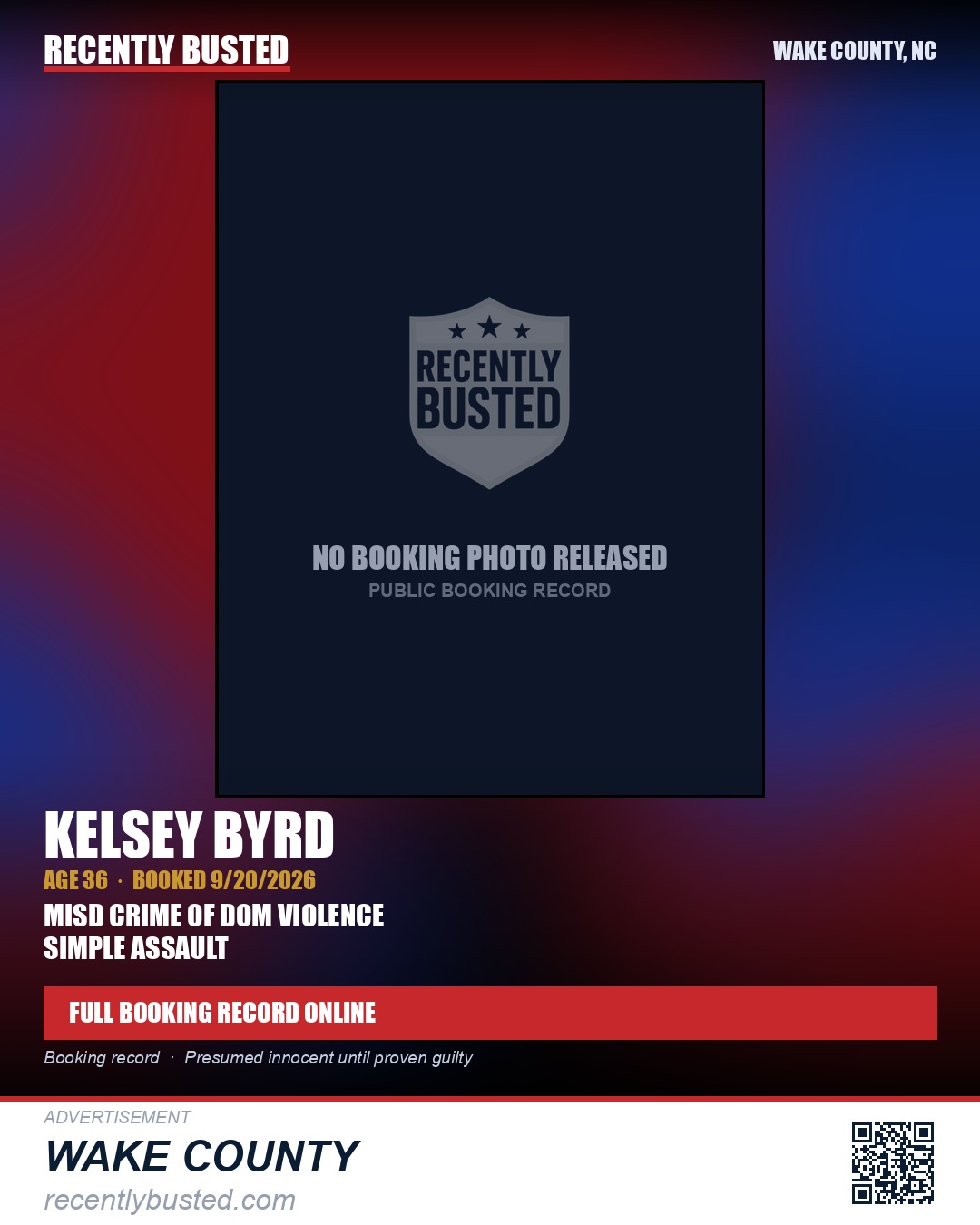 KELSEY BYRD — arrest record card, Wake County, North Carolina