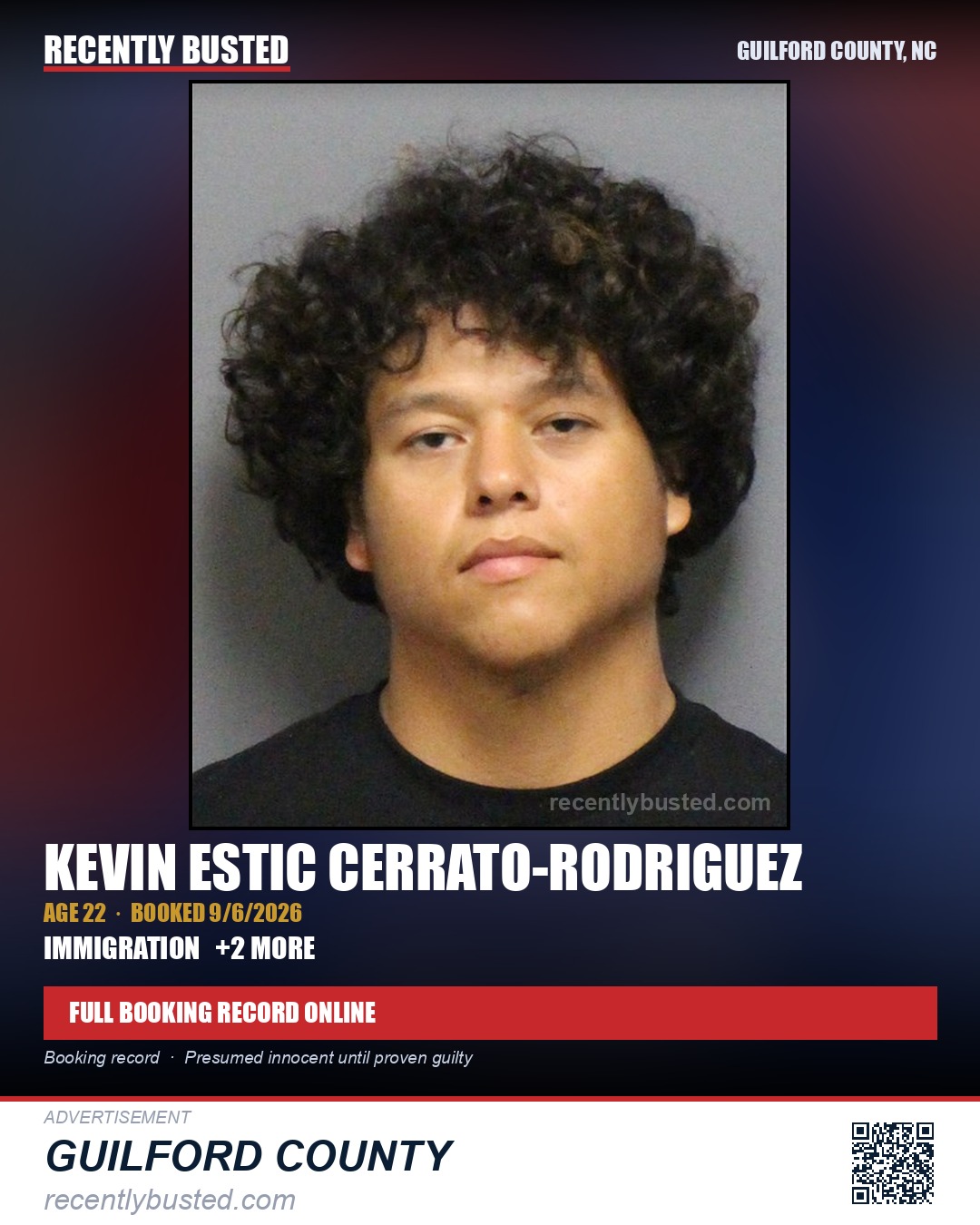 KEVIN ESTIC CERRATO-RODRIGUEZ — arrest record card, Guilford County, North Carolina