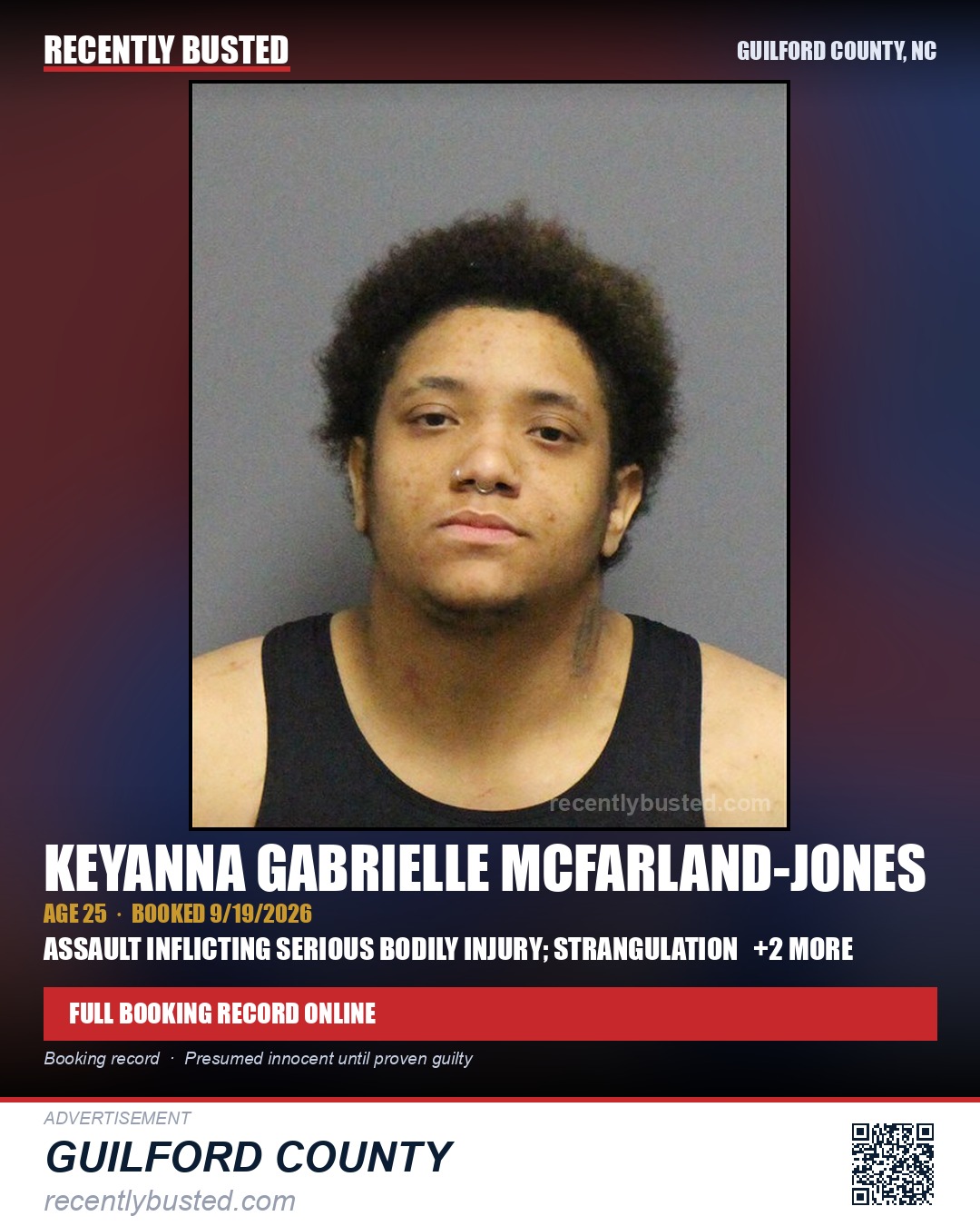 KEYANNA GABRIELLE MCFARLAND-JONES — arrest record card, Guilford County, North Carolina