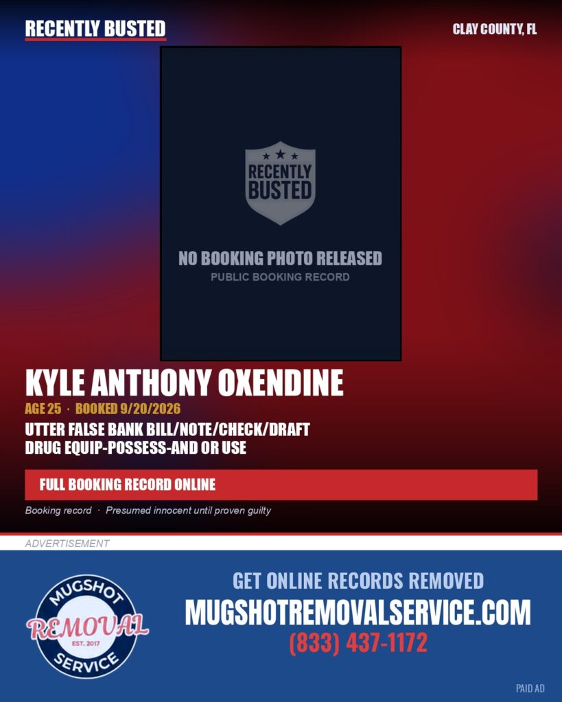 KYLE ANTHONY OXENDINE — arrest record card, Clay County, Florida
