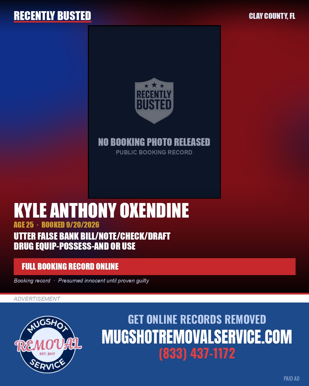 KYLE ANTHONY OXENDINE — arrest record card, Clay County, Florida