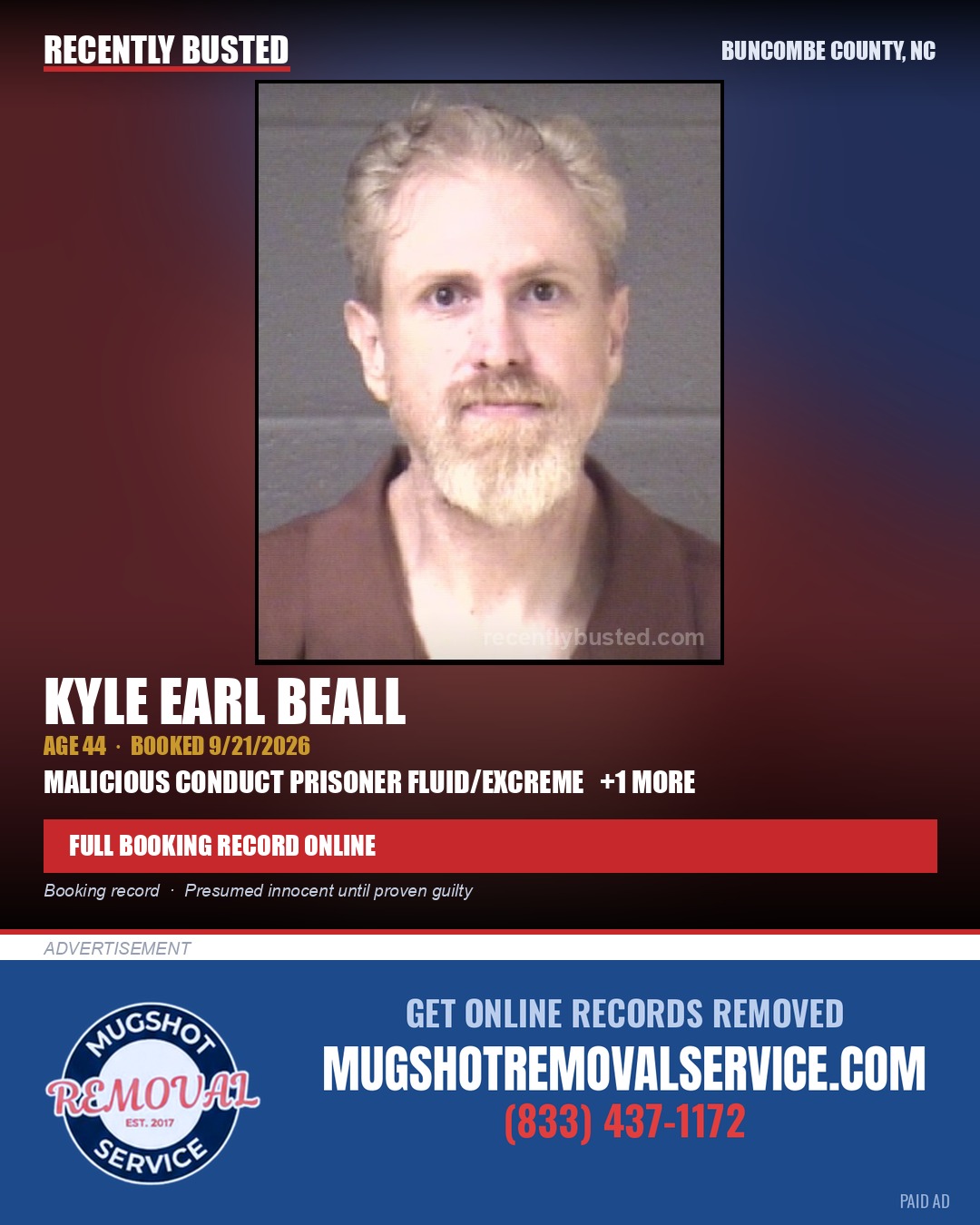 KYLE EARL BEALL — arrest record card, Buncombe County, North Carolina
