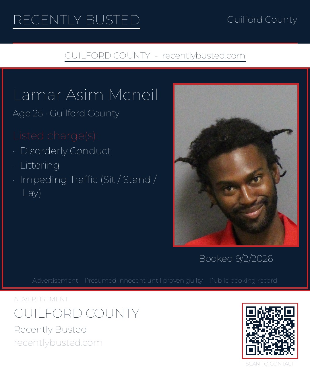 LAMAR ASIM MCNEIL — arrest record card, Guilford County, North Carolina