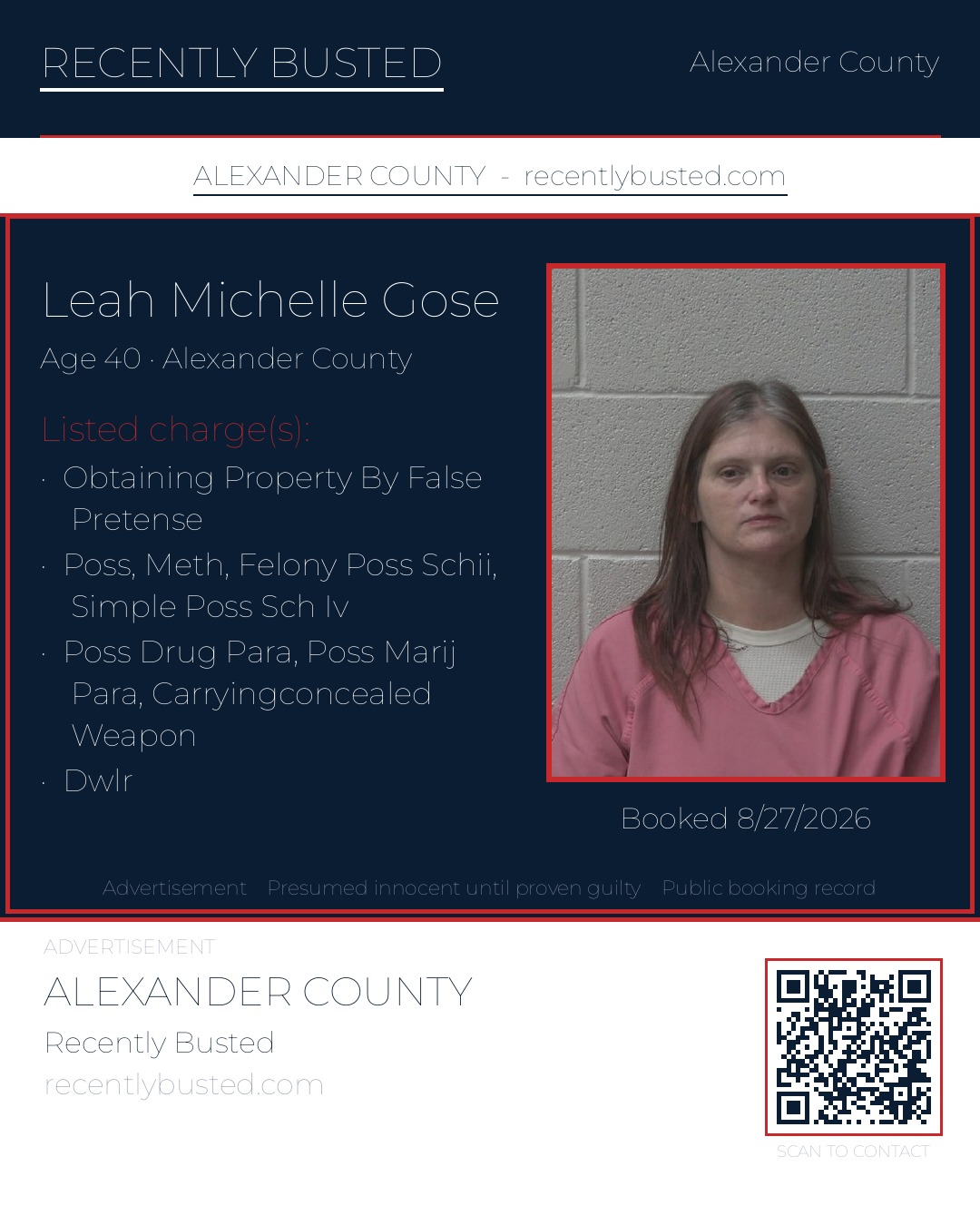 LEAH MICHELLE GOSE — arrest record card, Alexander County, North Carolina