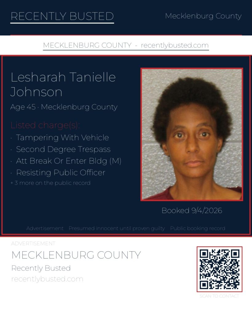 LESHARAH TANIELLE JOHNSON — arrest record card, Mecklenburg County, North Carolina