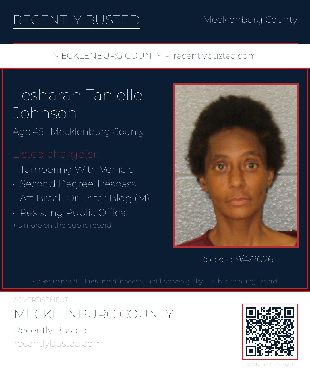 LESHARAH TANIELLE JOHNSON — arrest record card, Mecklenburg County, North Carolina