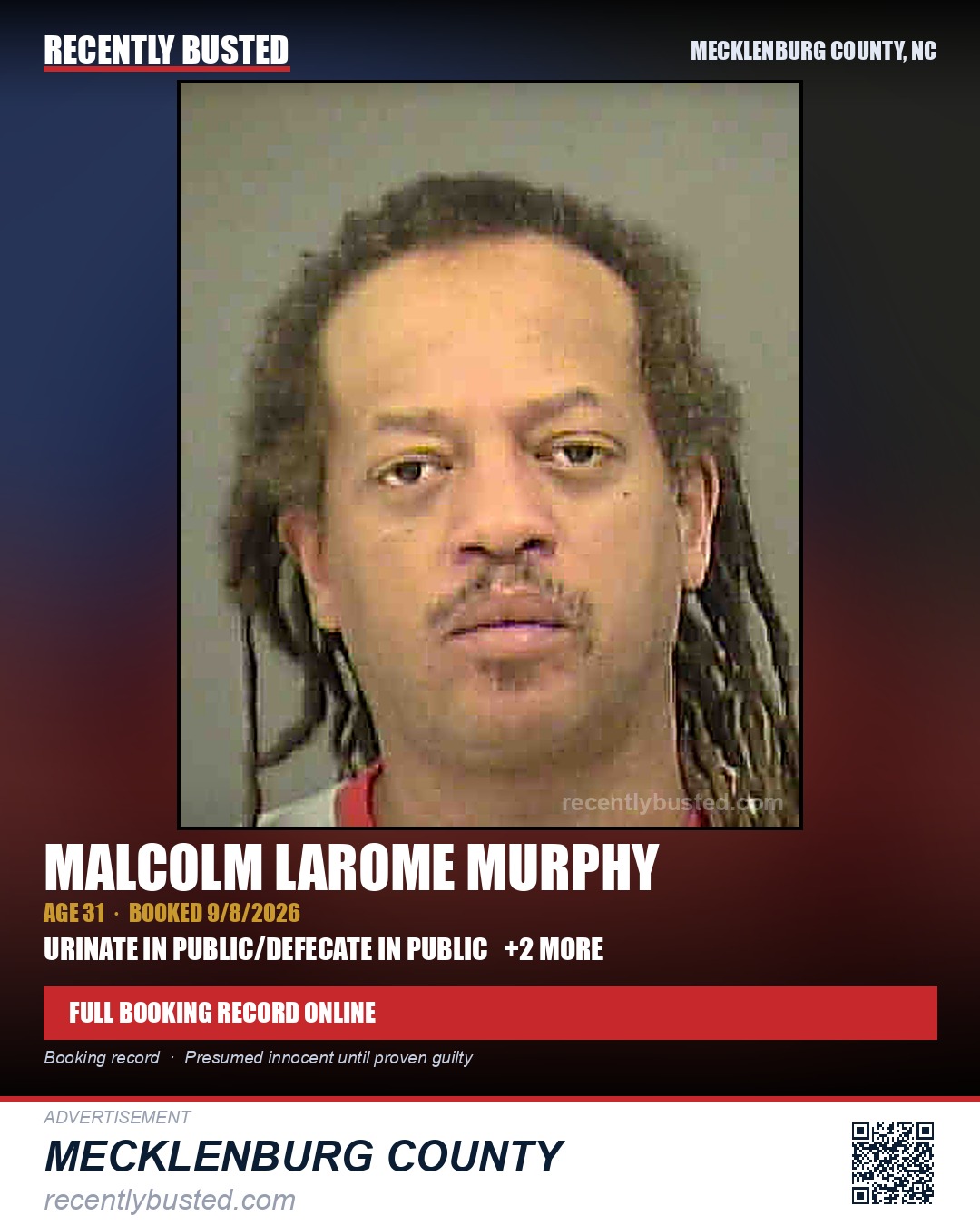 MALCOLM LAROME MURPHY — arrest record card, Mecklenburg County, North Carolina