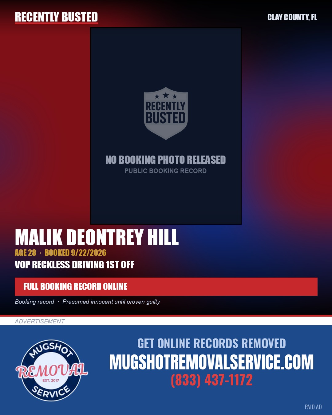 MALIK DEONTREY HILL — arrest record card, Clay County, Florida