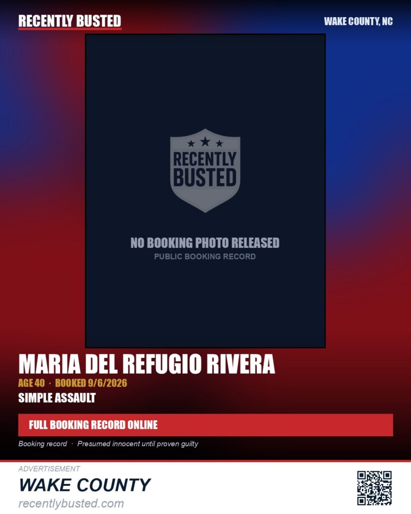 MARIA DEL REFUGIO RIVERA — arrest record card, Wake County, North Carolina