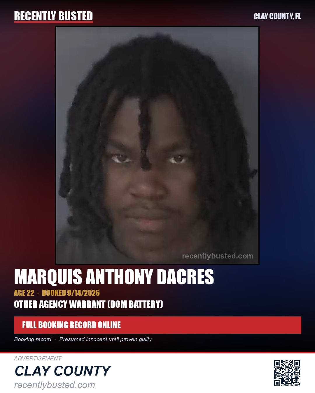 MARQUIS ANTHONY DACRES — arrest record card, Clay County, Florida