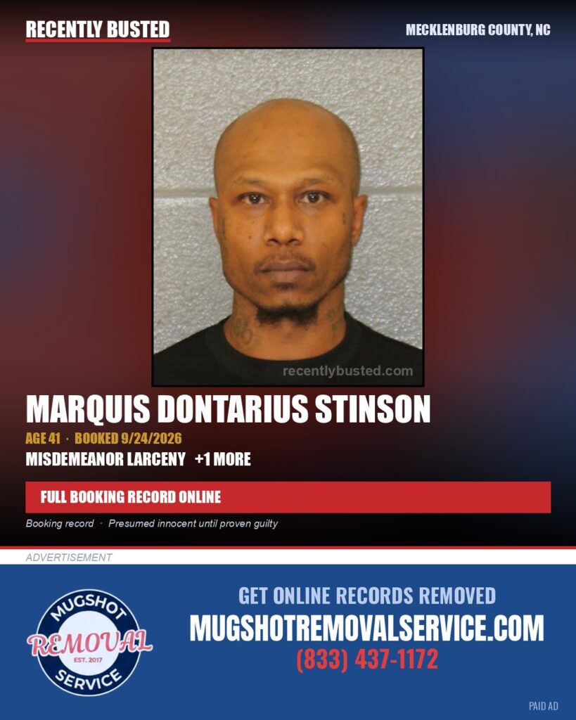 MARQUIS DONTARIUS STINSON — arrest record card, Mecklenburg County, North Carolina