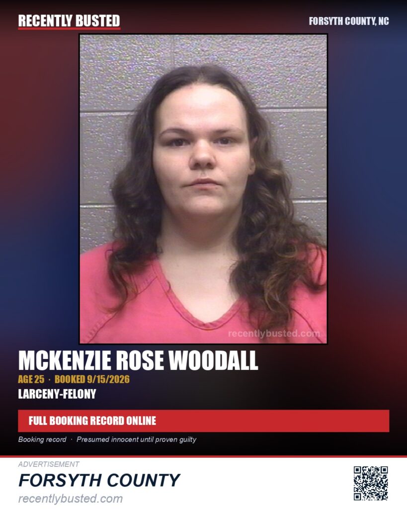 MCKENZIE ROSE WOODALL — arrest record card, Forsyth County, North Carolina