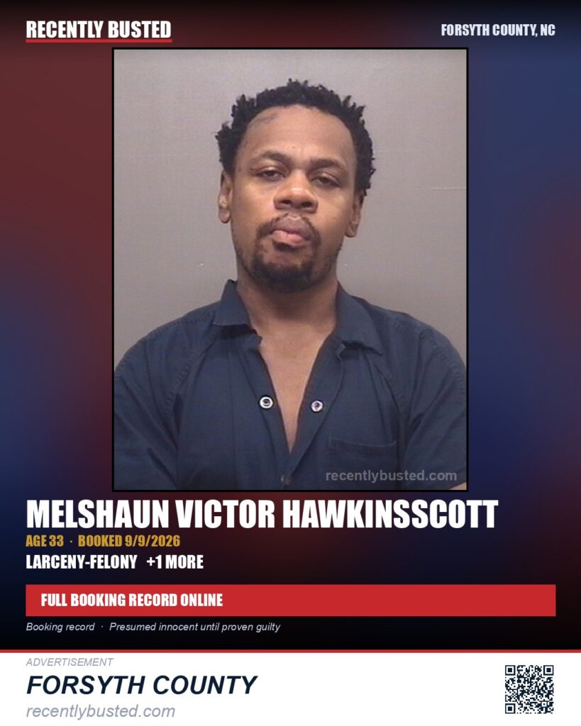 MELSHAUN VICTOR HAWKINSSCOTT — arrest record card, Forsyth County, North Carolina