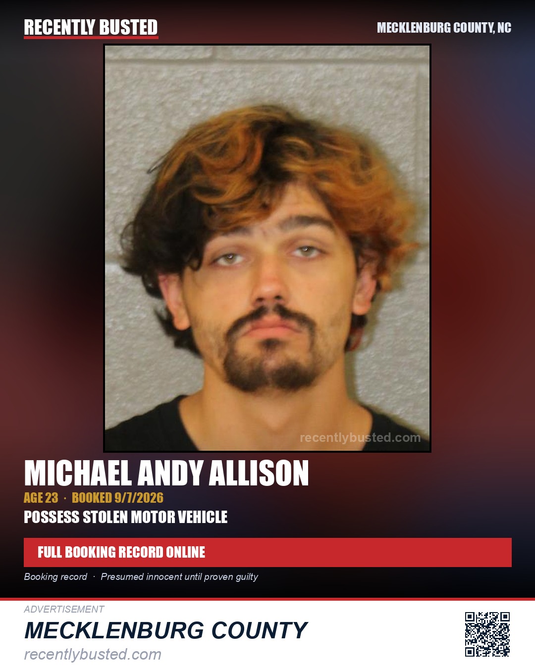 MICHAEL ANDY ALLISON — arrest record card, Mecklenburg County, North Carolina